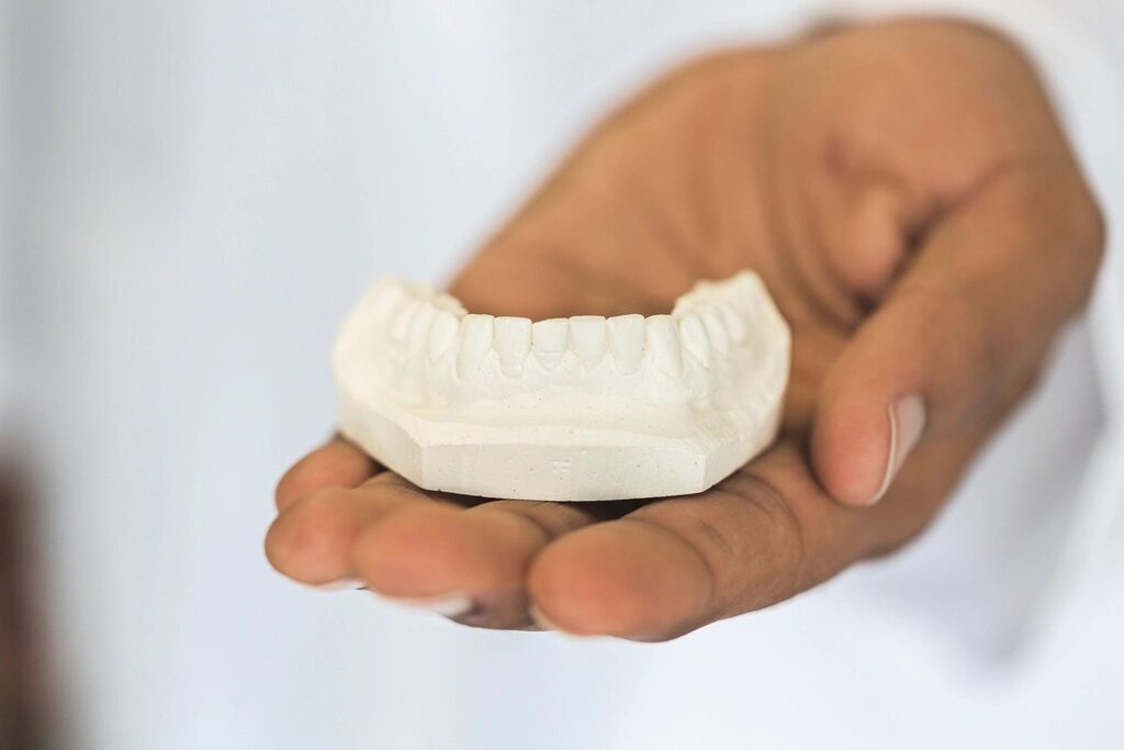 A hand holding a dental model
