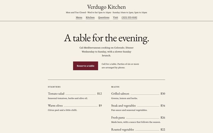 The Menu, a restaurant website