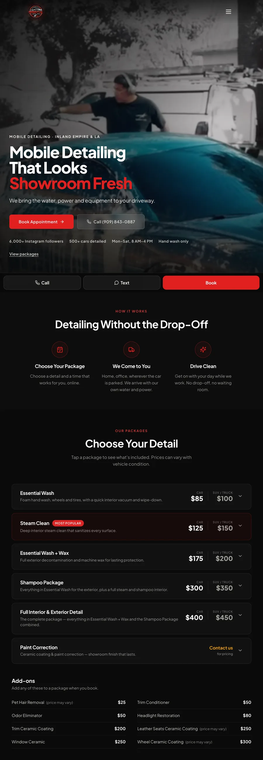 Essential Auto Spa website, full page